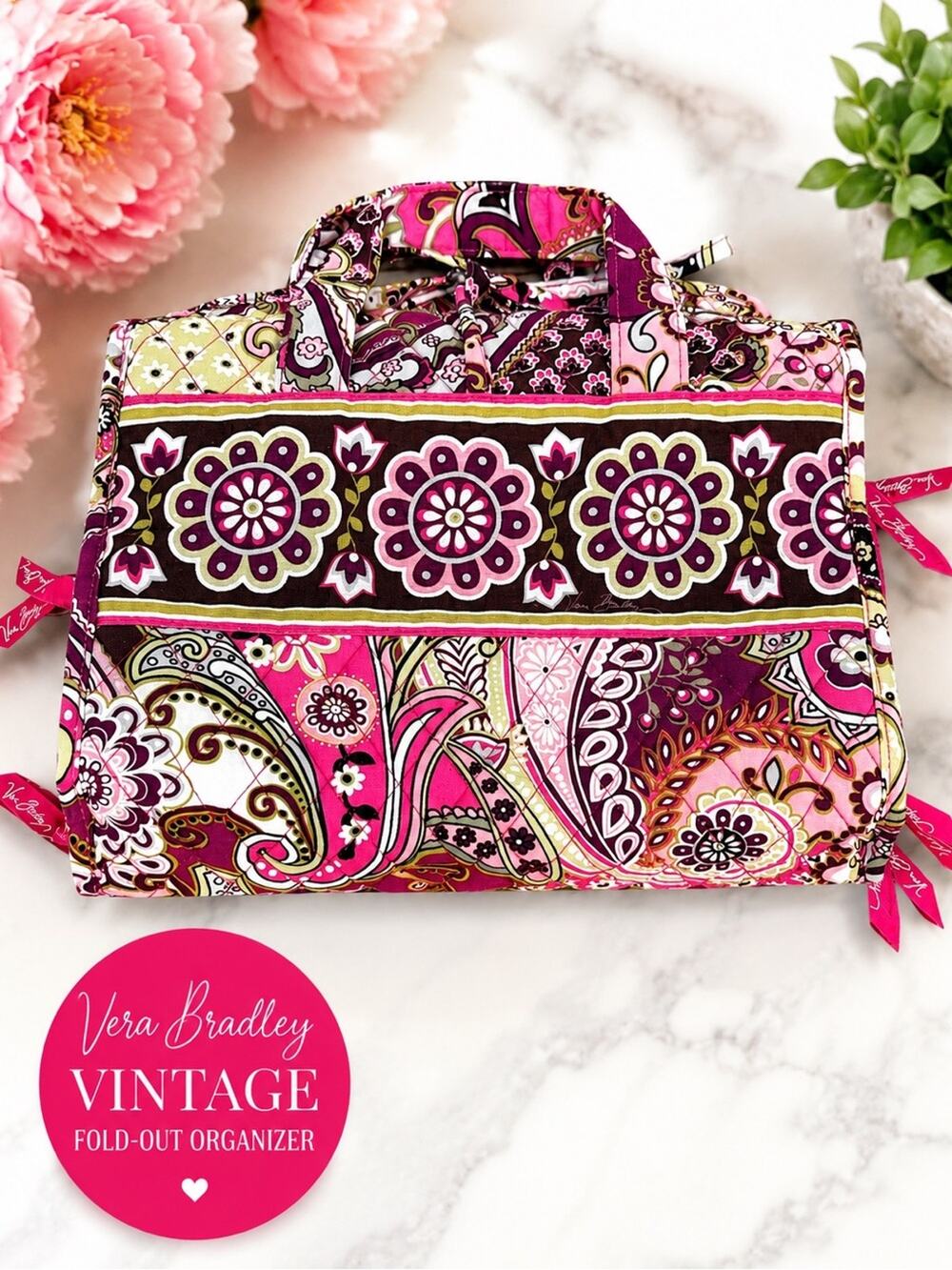 Vera Bradley Hanging Travel Organizer Cosmetic Bag Pink Paisley Fold-Out Case